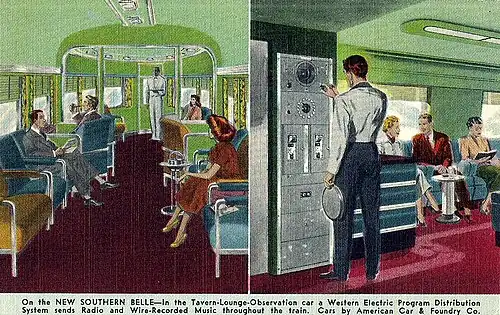 Postcard depiction, circa 1948, of the tavern-observation car. A radio allowed broadcasts and music to be heard throughout the train.