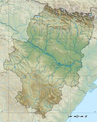 A map of Aragon, Spain with a mark indicating the location of Laguna de Gallocanta