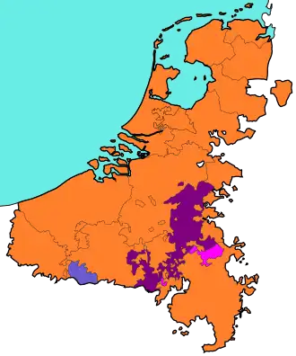 The Low Countries in 1560. &nbsp;&nbsp;Habsburg Netherlands &nbsp;&nbsp;Prince-Bishopric of Liège &nbsp;&nbsp;Principality of Stavelot-Malmedy &nbsp;&nbsp;Prince-Bishopric of Cambrésis
