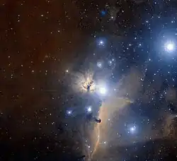 The region of Alnitak and Alnilam (upper right) and the Flame Nebula