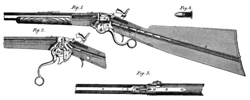 The Spencer repeating rifle uses a falling breechblock (F) mounted in a carrier (E). Figure&nbsp;1, shows the breechblock raised. Firing forces are contained by the receiver at the rear of the breechblock.