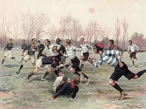 Image 13 Stade Français Photograph: Georges Scott; Restoration: Adam Cuerden An illustration showing the Stade Français rugby union team, wearing dark blue jerseys, playing against Racing Club (now known as Racing 92) in 1906. On 20 March 1892, the two teams played in the first ever French rugby championship in a one-off game. More selected pictures
