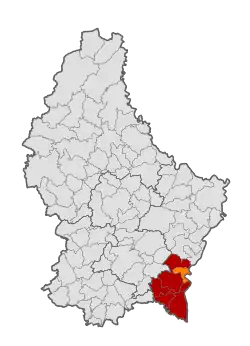 Map of Luxembourg with Stadtbredimus highlighted in orange, and the canton in dark red