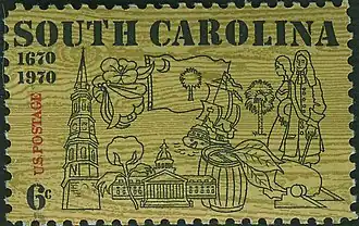 The state flag as depicted in a 1970 6-cent stamp commemorating the tricentennial of South Carolina.