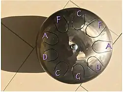 A steel tongue drum tuned in a pentatonic F scale with A 432 hz