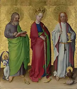 Three Saints (Matthew, Catherine of Alexandria and John the Evangelist),[84] c. 1450. National Gallery, London