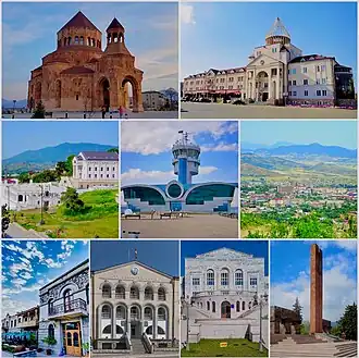 From top left: Holy Mother of God Cathedral Renaissance Square&nbsp;• Downtown Stepanakert Stepanakert Airport&nbsp;• Stepanakert skyline Park Hotel Artsakh &nbsp;• We Are Our Mountains Artsakh University &nbsp;• Stepanakert Memorial