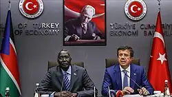 Hon. Stephen Dhieu and Turkish Economy Minister Nihiat Zeybekci in Ankara at a signing ceremony for economic cooperation between South Sudan and Turkey in April 2017.