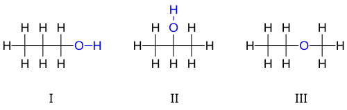 Structural isomers of C 3H 8O: I 1-propanol, II 2-propanol, III ethyl-methyl-ether.