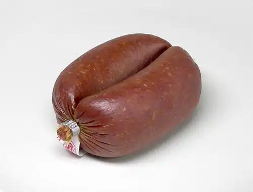 The word "sausage" is derived from Old French saussiche, from Latin salsus, "salted".[49]