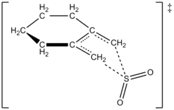 Proposed transition state for reaction of 1,2-dimethylidenecyclohexane with SO2 to give a sulfolene through a cheletropic reaction