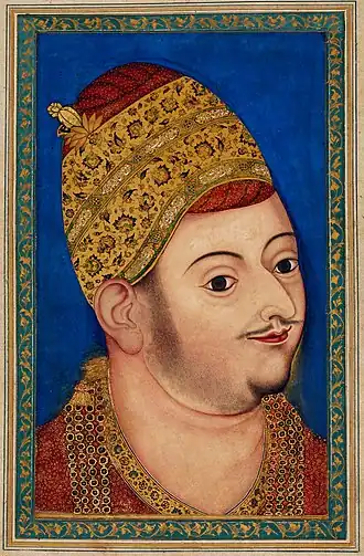 Deccan painting, Sultan Ibrahim Adil Shah II of Bijapur, c. 1590. A three-quarter view which gives a powerful and lively impression of the sitter, despite lacking both Mughal precision, and very coherent modelling of the surfaces.