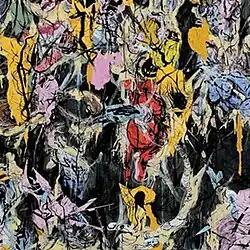 An abstract painting with chaotic, layered brushstrokes featuring vivid colors such as yellow, red, pink, blue, black, and white. The center shows a red human-like figure surrounded by messy textures and floral-like shapes.