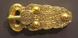 Buckle of Sutton Hoo; 580–620; gold and niello; length: 13.1&nbsp;cm; British Museum (London)