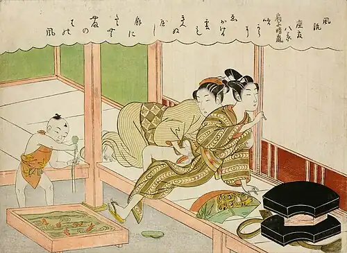 Fūryū Zashiki Hakkei version of Clearing Mist of the Fan, 1769