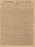 Svenska Dagbladet, Sunday, 2 May 1897. The first issue under new management, new format and new header. The first page contains signed contributions by Helmer Key&nbsp;[sv] (1864–1939), Gustaf F. Steffen&nbsp;[sv] (1864–1929) and Oscar Levertin (1862–1906).