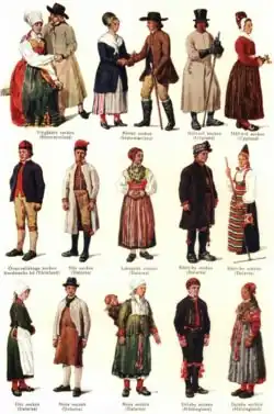 Color lithograph showing 16 variously dressed white men and women and one baby with Swedish captions beneath each