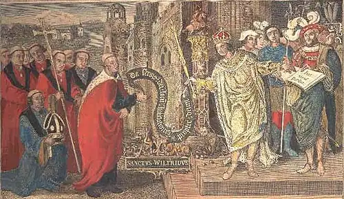 A crowned man hands a scroll to a tonsured man. The crowned man is standing on the steps of a building, surrounded by other men. The man receiving the scroll stands in front of the building, also surrounded by other men.
