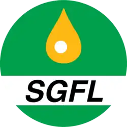 a green circle containing the SGFL lettering, a yellow drop and a white bubble