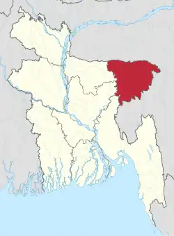 Map indicating the extent of Sylhet Division within Bangladesh