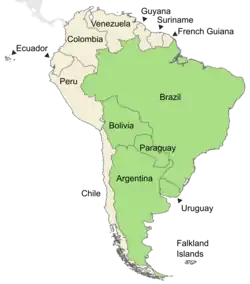 Symphyotrichum graminifolium distribution map: Argentina, Bolivia, Brazil, Paraguay, and Uruguay.