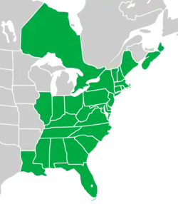 Symphyotrichum undulatum native distribution map: Canada — Nova Scotia and Ontario; US — Alabama, Connecticut, Delaware, District of Columbia, Florida, Georgia, Illinois, Indiana, Kentucky, Louisiana, Maine, Maryland, Massachusetts, Mississippi, New Hampshire, New Jersey, New York, North Carolina, Ohio, Pennsylvania, Rhode Island, South Carolina, Tennessee, Vermont, Virginia, and West Virginia.