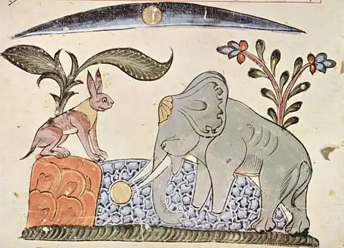 Rabbit fools Elephant by showing the reflection of the moon. Illustration (from 1354) of the Panchatantra