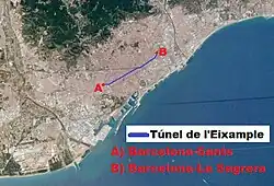 Route of the tunnel between Barcelona-Sants (A) and the future station of Sagrera (B)
