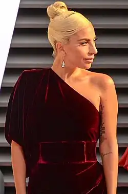A picture of Lady Gaga in a burgundy one-shoulder dress, looking to the right.