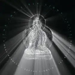 A shining statue in black and white, surrounded by a ring of text that contains the album title and the artists' names.