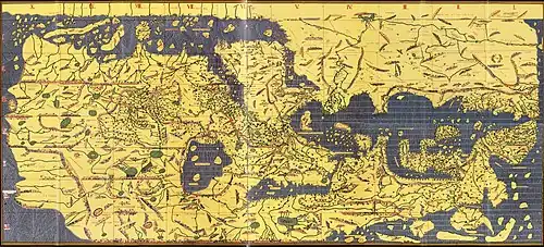 Image 41The Tabula Rogeriana, drawn by Muhammad al-Idrisi for Roger II of Sicily in 1154. Note that the north is at the bottom, and so the map appears "upside down" compared to modern cartographic conventions. (from History of cartography)