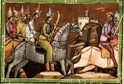 Mongols chase Hungarian king from Mohi, detail from Chronicon Pictum