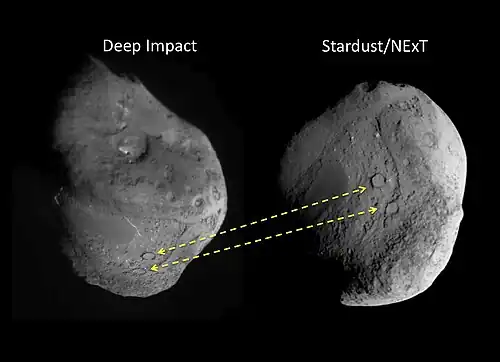 Different views of Tempel 1 seen by Deep Impact spacecraft (left) and Stardust (right). The dashed lines correlate the features.