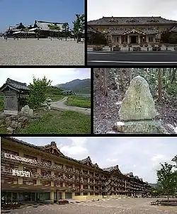 Top left: View of Headquarter in Tenri religious community, Top right: Tenri religious school, Middle left: View of a point of side of mount Miwa road, Middle right: Stone site in Ryuo Mount Castle, Bottom: Tenri Reference Museum
