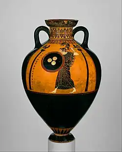 Panathenaic amphora (Archaic); c. 530 BC; ceramic; height: 62.2&nbsp;cm; Metropolitan Museum of Art[37]