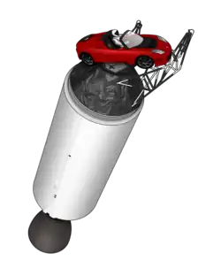 Illustration of Elon Musk's Tesla Roadster attached to the upper stage of a Falcon rocket, with a driver wearing a white-and-black spacesuit in the driving seat and the Earth visible in the background.