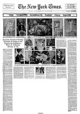 The "Cubists" Dominate Paris' Fall Salon, The New York Times, October 8, 1911. Reproduced are Picasso's 1908 Seated Woman (Meditation); Picasso in his studio; Metzinger's Baigneuses (1908–09); works by Derain, Matisse, Friesz, Herbin, and a photo of Braque