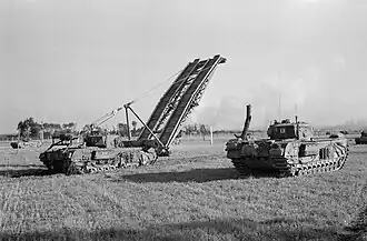 A Churchill AVRE with Small Box Girder Bridge and a Churchill Crocodile flame-throwing tank in 1945