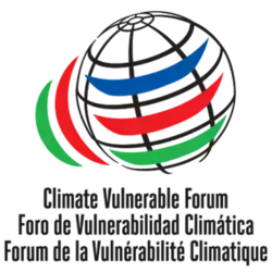 Climate Vulnerable Forum (CVF) logo in black and white globe with three grey-scale toned curved lines across the globe and two similar curved lines to the left of the globe with text at bottom: "Climate Vulnerable Forum"