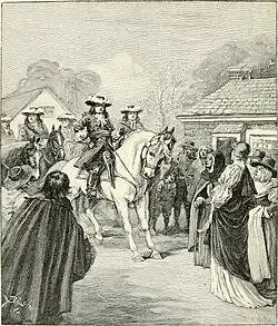 17th-century gentleman on a horse within a crowd of English colonists