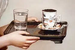 Detail of the tray with frothing cup of drinking chocolate from The Chocolate Girl by Jean-Étienne Liotard, c. 1743