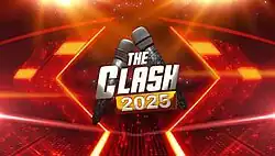 An image of two microphones, over a background filled with red lights and rings of fire. The show title is displayed on the center of the image. The text "2025" is displayed below the show title.