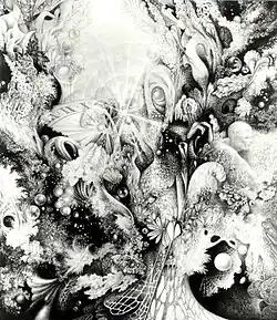 graphite drawing with black to striking white ephemeral mix of shading of objects, soft-textured of a dreamlike quality
