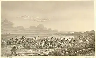 An engraving of a large group of Inuit attacking British canoes