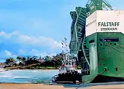 'The Falstaff with the tug Woona', oil on canvas, 36 x 45&nbsp;cm, © Jane Bennett