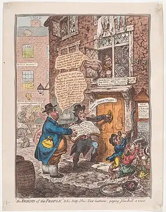 A satirical cartoon by James Gilroy. John Bull, speaking from a first floor window, says "TAXES? TAXES? TAXES? why how an I to get money to pay them all? I shall very soon have neither a House nor Hole to put my head in!