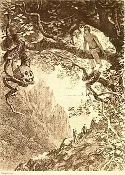 Elaborate drawing of a man sitting on a tree limb, looking at a skull on one of its branches. Two small figures can be seen on the slopes beneath him.