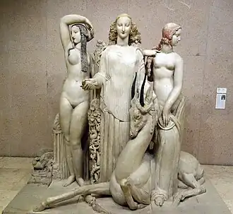 Hommage à Jean Goujon; by Alfred Janniot; 1919–1924; limestone partially coloured; 220 x 235 x 129&nbsp;cm; Calouste Gulbenkian Museum, Lisbon, Portugal[112]