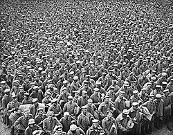 A crowd of German prisoners taken by the British Fourth Army in the Battle of Amiens, near Abbeville