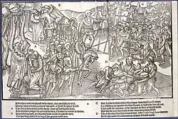 Plate 4. The Irish chieftain receives the priest's blessing before departing to fight the English, who are shown in full armour.